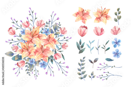 Water color orange Lily flower bouquet and isolated on white background. 