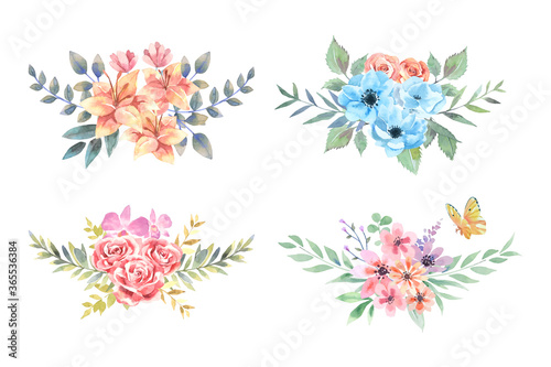 Four water color Lily, Anemone, Rose and Zinnia bouquets with orange butterfly arrange isolated on white background. 