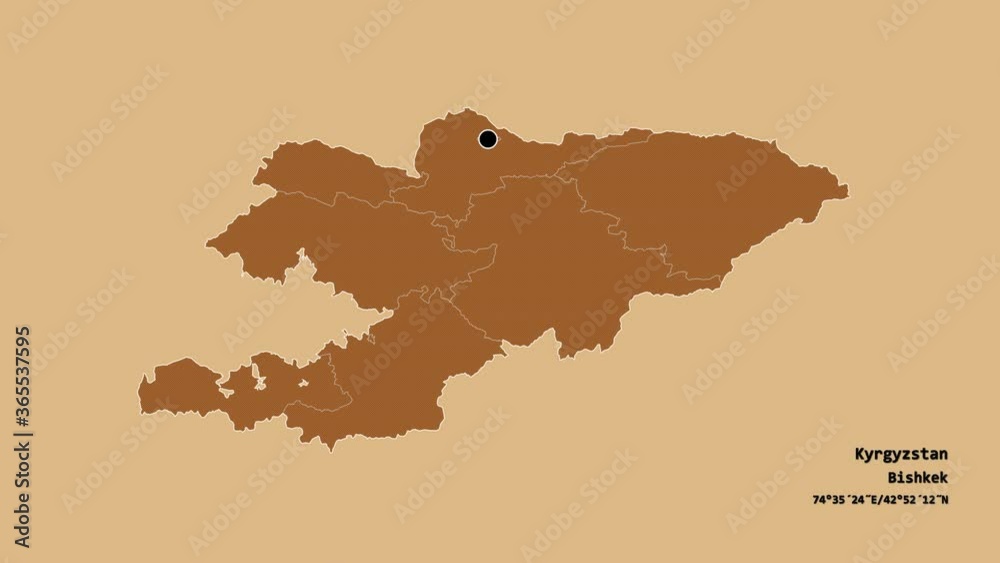 Talas, province of Kyrgyzstan, with its capital, localized, outlined and zoomed with informative overlays on a solid patterned map in the Stereographic projection. Animation 3D Talas, province of Kyrgyzstan, with its capital, localized, outlined and zoomed with informative overlays on a solid patterned map in the Stereographic projection. Animation 3D