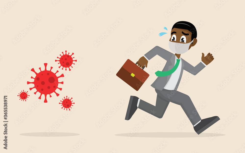 Running African businessman in panic is running away from the virus. Coronavirus crisis, covid-19