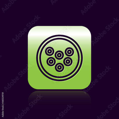 Black line Caviar on a plate icon isolated on black background. Green square button. Vector..