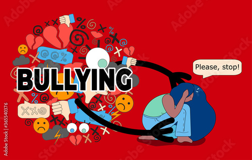black woman is trying to withstand onslaught of bullying. Cyberbullying illustration