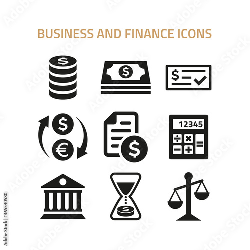 Business and finance icons set on white background.