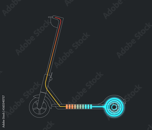 Electric scooter sillhoutte with power lights, accumulator visualization.