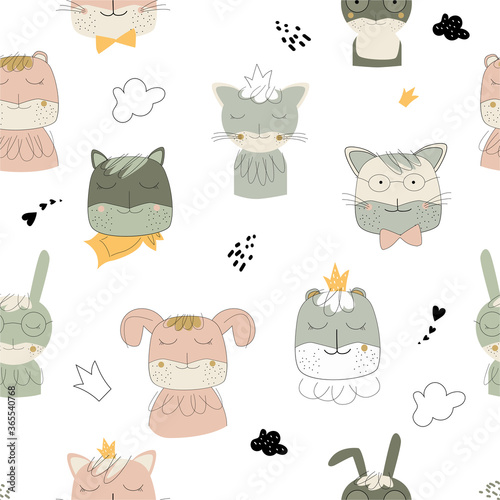 Seamless pattern of cute characters, animal faces, symbols