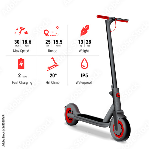 realistic electric scooter with specification and icons. Kick scooter performance concept. photo