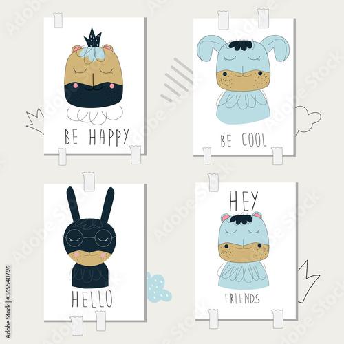 Vector collection of posters of cute characters, animal faces, symbols and motivating, greeting inscriptions.