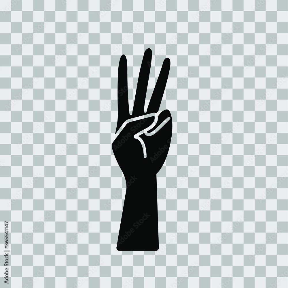 Hand gesture, three fingers up. Vector icon, black silhouette, isolated on transparent background, minimal flat design, eps 10. Hand gesture, three fingers up. Vector icon, black silhouette, isolated on transparent background, minimal flat design, eps 10.