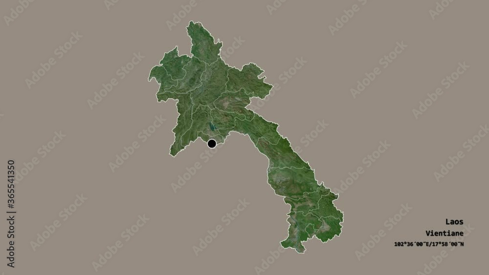 Louang Namtha, province of Laos, with its capital, localized, outlined and zoomed with informative overlays on a satellite map in the Stereographic projection. Animation 3D Louang Namtha, province of Laos, with its capital, localized, outlined and zoomed with informative overlays on a satellite map in the Stereographic projection. Animation 3D