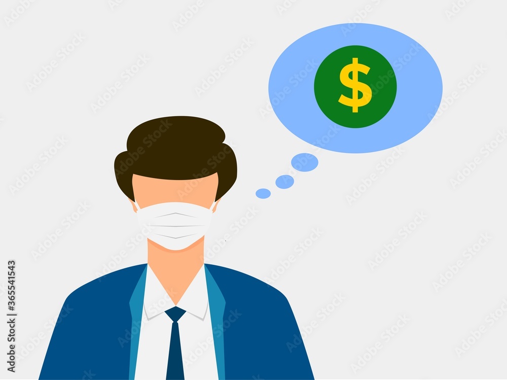Businessman think about money with face mask, Coronavirus pandemic economy concept, Vector