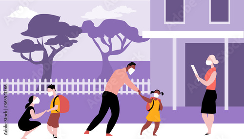 Parents bringing kids to elementary school wearing face masks and maintaining physical distancing during a pandemic, EPS 8 vector illustration