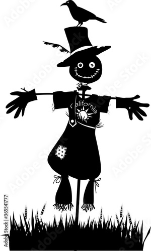 Black vector EPS 8 silhouette of a scarecrow in a wheat field, no white objects