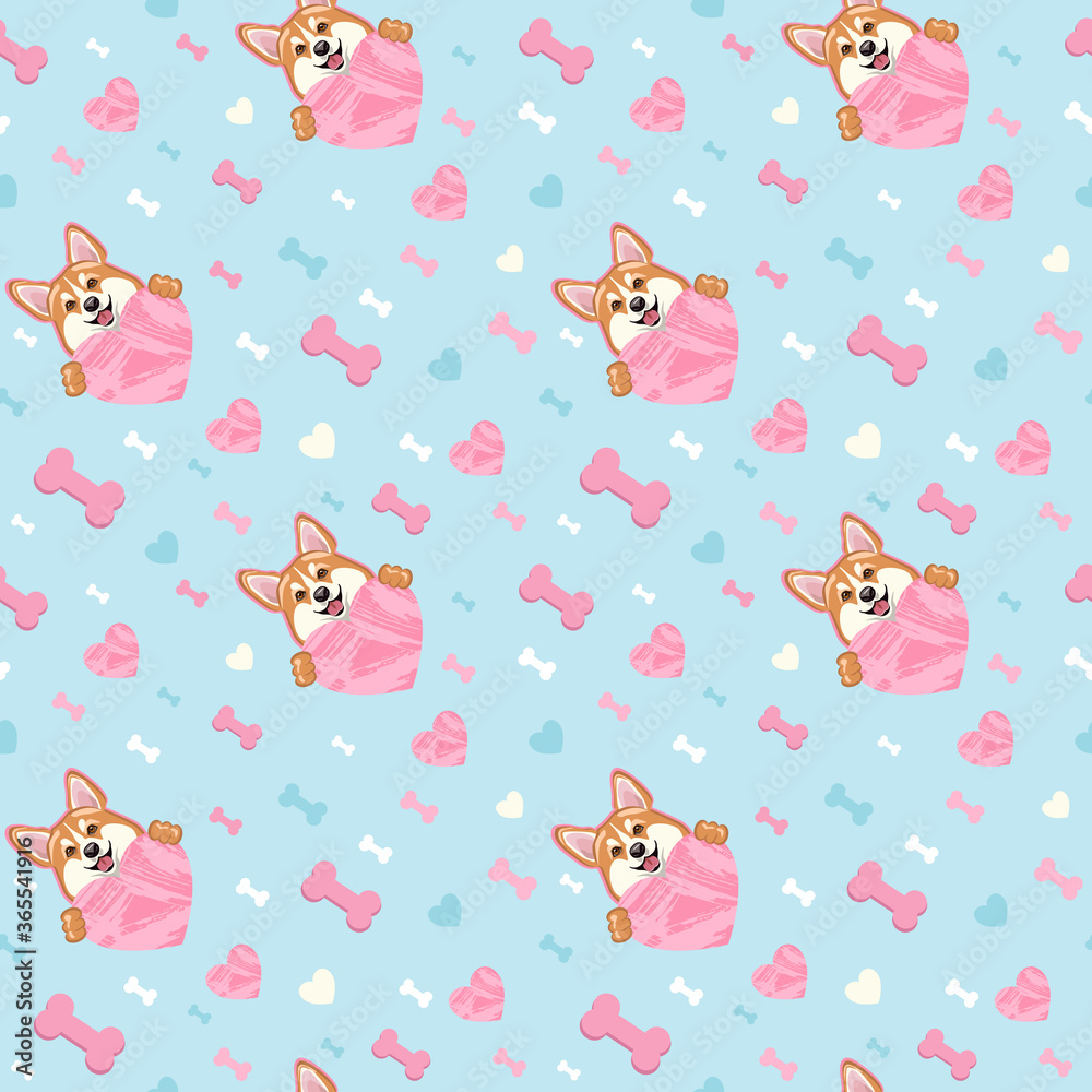 Simless pattern smiling cute welsh corgi dog with a pink heart and favorite bones. Simless pattern smiling cute welsh corgi dog with a pink heart and favorite bones.