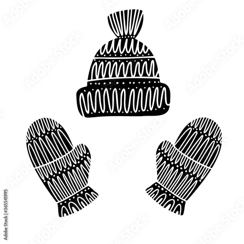 Isolated black and white vector design of knitted mittens and hat