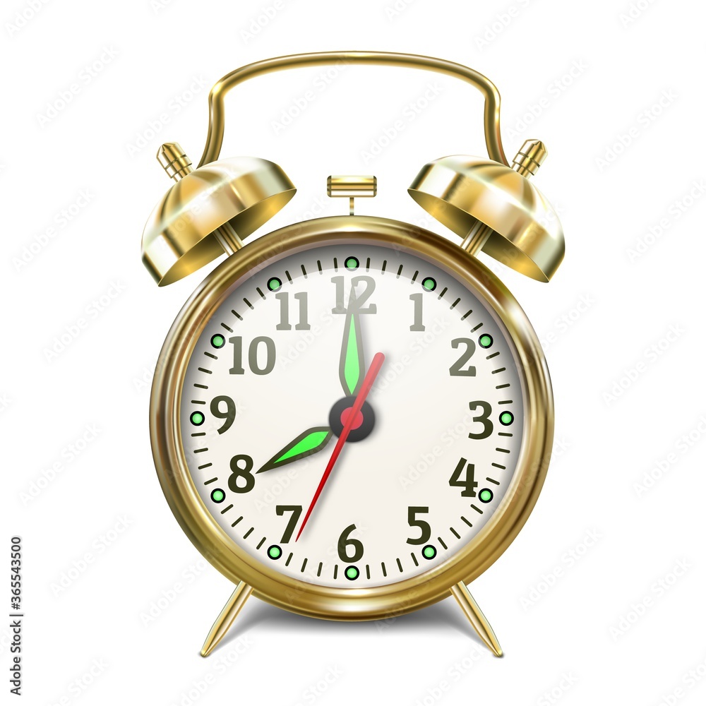 School alarm clock with bells, gold color. Retro style. To wake up in the morning - Back to school.Isolated on a white background. 3d vector realistic illustration School alarm clock with bells, gold color. Retro style. To wake up in the morning - Back to school.Isolated on a white background. 3d vector realistic illustration