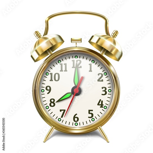 School alarm clock with bells, gold color. Retro style. To wake up in the morning - Back to school.Isolated on a white background. 3d vector realistic illustration