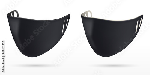 Set of protective two black face masks. For brand advertising. Layout for the logo. Protection against infection and polluted air. 3D realistic illustration. Isolated on white background, vector.