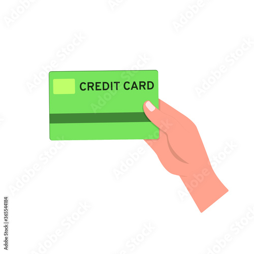 Hand holds a green credit bank card. Vector illustration, flat cartoon color design, isolated on white background, eps 10.