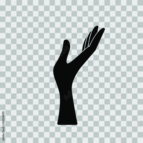 Female hand, side view, palm up. Vector icon, black silhouette, isolated on transparent background, gesture, minimal design, eps 10.