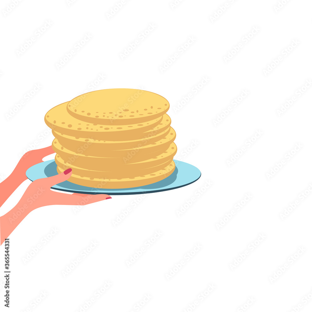 Female hands hold a plate with a stack of pancakes. Vector color illustration, cartoon design, isolated on white background, side view, eps 10. Female hands hold a plate with a stack of pancakes. Vector color illustration, cartoon design, isolated on white background, side view, eps 10.