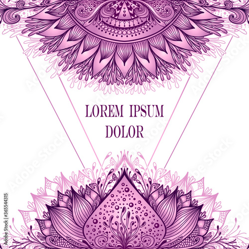 Template of deign  of Abstract decorative element in Boho Eastern  Ethnic style  or  Mandala  in lilac pink for advertising  cosmetic or perfume or  hygiene products or tea
