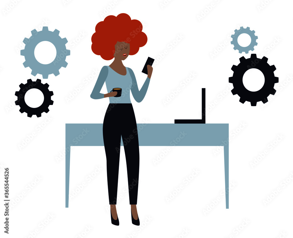 African-american offce worker, freelancer, business woman brainstorming vector illustration African-american offce worker, freelancer, business woman brainstorming vector illustration