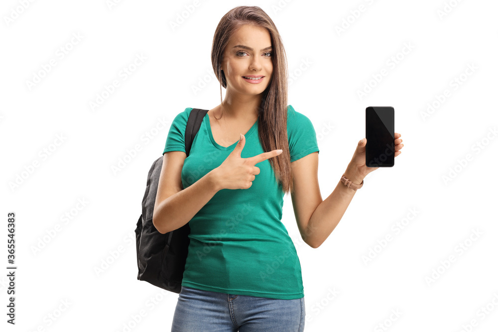 Casual young woman with a backpack showing a smartphone Casual young woman with a backpack showing a smartphone