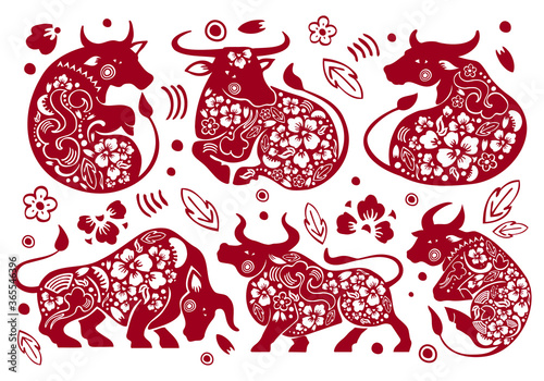 Set of Chinese zodiac characters. The year of the Ox. Vector traditional ornate papercut silhouettes illustration