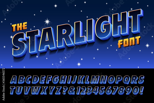 The Starlight Font is a 3d Effect Alphabet in Deep Blues and Black, with Color Effects of Being Lit Up By Nighttime Hues