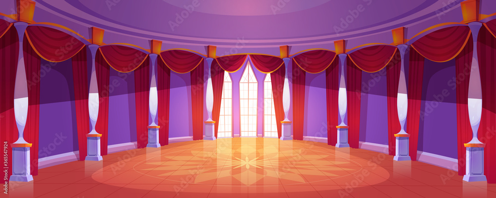 Ballroom interior in medieval royal castle. Vector cartoon illustration of  empty round banquet hall in baroque palace with columns, tall windows, red  curtains and glossy floor Stock Vector | Adobe Stock