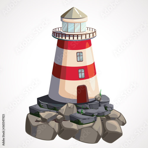 Cartoon lighthouse on a rock. Vector illustration.