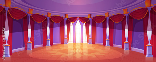 Ballroom interior in medieval royal castle. Vector cartoon illustration of empty round banquet hall in baroque palace with columns, tall windows, red curtains and glossy floor