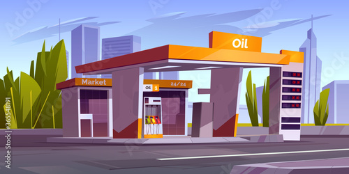 Gas station with oil pump, market and prices display. Vector cartoon cityscape with empty fuel filling station for cars on town road. Modern service for refill petrol, diesel or gas