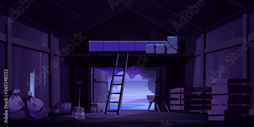 Barn on farm with harvest, straw and hay at night. Vector cartoon interior of old wooden shed with haystack on loft, ladder, fork, bags and pumpkin. Empty rural barnhouse for storage harvest