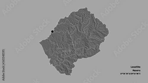 Mohale's Hoek, district of Lesotho, with its capital, localized, outlined and zoomed with informative overlays on a bilevel map in the Stereographic projection. Animation 3D photo