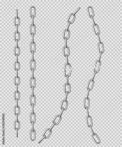 Metal chain with whole and break links made of silver, chrome or steel. Border with connected stainless rings. Realistic 3d vector straight heavy decorative elements isolated on transparent background