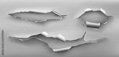 Metal rip holes with curly edges, ragged cracks, cut damage on steel sheet. Torn slash, gun aperture design element isolated on transparent background Realistic 3d vector illustration, clip art photo
