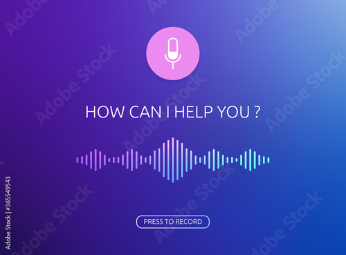 Voice assistant vector window template. Voice recognition soundwave illustration and button of recording voice. Microphone button with bright voice and sound imitation lines