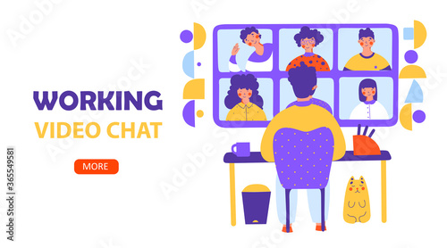 Working video chat, flat vector landing page template. Business conference.