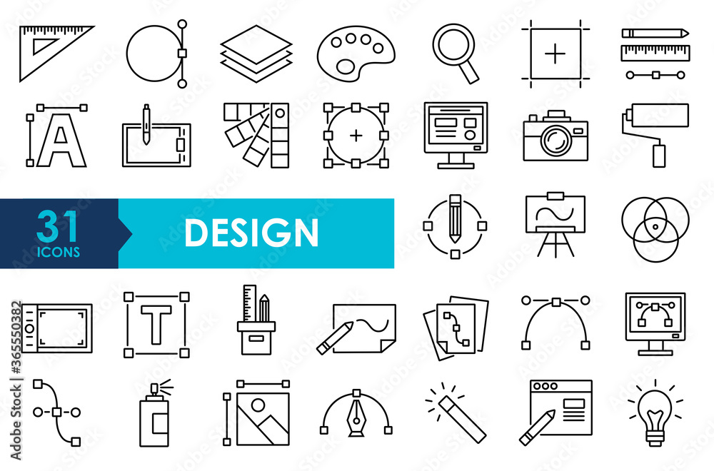 Set line icons of graphic design. Simple vector linear icons in a modern style flat. Graphic design, creative package, software. Set line icons of graphic design. Simple vector linear icons in a modern style flat. Graphic design, creative package, software.