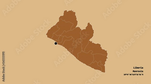 Gbapolu, county of Liberia, with its capital, localized, outlined and zoomed with informative overlays on a solid patterned map in the Stereographic projection. Animation 3D photo