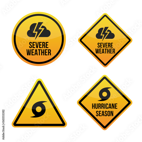 Severe weather alert. Hurricane season. Warning signs labels. Yellow and red. Isolated on white background. EPS10