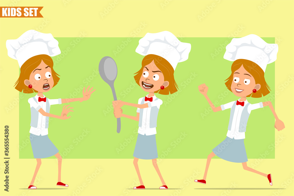 Cartoon flat funny little chef cook girl character in white uniform and baker hat. Kid scared, holding big spoon and running. Ready for animation. Isolated on olive background. Vector set. Cartoon flat funny little chef cook girl character in white uniform and baker hat. Kid scared, holding big spoon and running. Ready for animation. Isolated on olive background. Vector set.