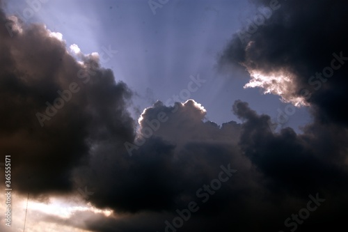 Blue sky background, blue, white, gray and black clouds
