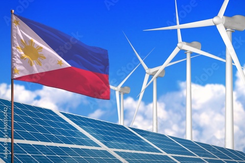 Philippines solar and wind energy, renewable energy concept with solar panels - renewable energy against global warming - industrial illustration, 3D illustration