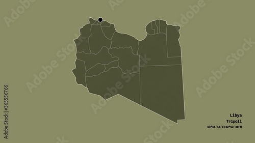 Al Jabal al Gharbi, district of Libya, with its capital, localized, outlined and zoomed with informative overlays on a administrative map in the Stereographic projection. Animation 3D photo