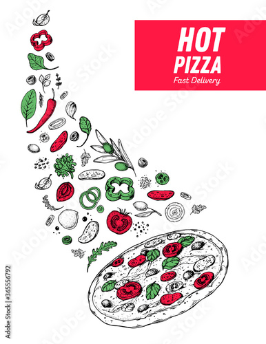 Italian pizza and ingredients. Italian food menu design template. Italian food, pizzeria menu design template. Vintage hand drawn sketch vector illustration. Engraved image.