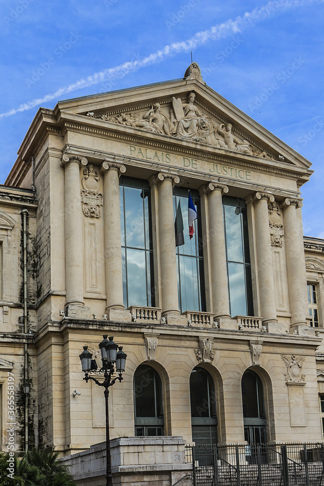 Palace of Justice (Palais de Justice, 1885) - imposing law courts built in neoclassical style at Place du Palais in Nice, French Riviera, France.