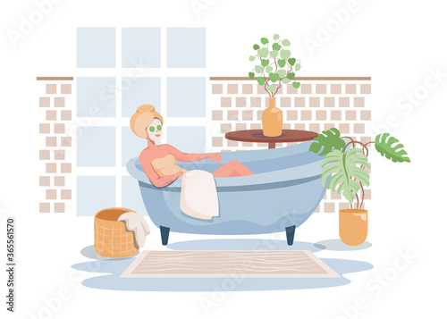 Young happy woman taking care of herself vector flat illustration. Woman lying in with a facial mask and sliced cucumbers on eyes. Bath time, spa procedure in salon, hotel, or at home.