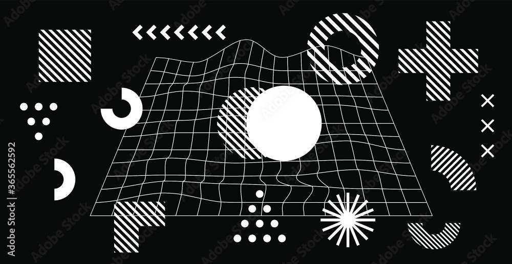 Set of abstract universal geometric elements and shapes for design. Futuristic neo-memphis composition on dark background. Vector illustration.